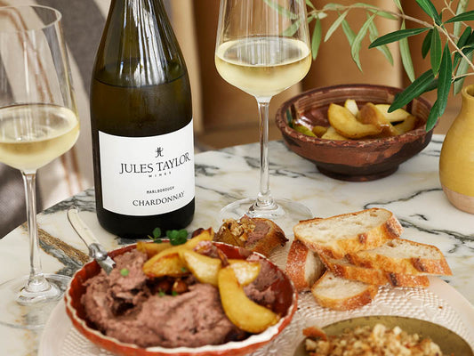 Chicken liver pate with thyme and orange, hazelnut crumble and seared pears served with Jules Taylor Chardonnay