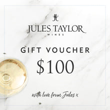 Load image into Gallery viewer, $100 Gift Voucher for Jules Taylor Wines. Glass of wine in the background.
