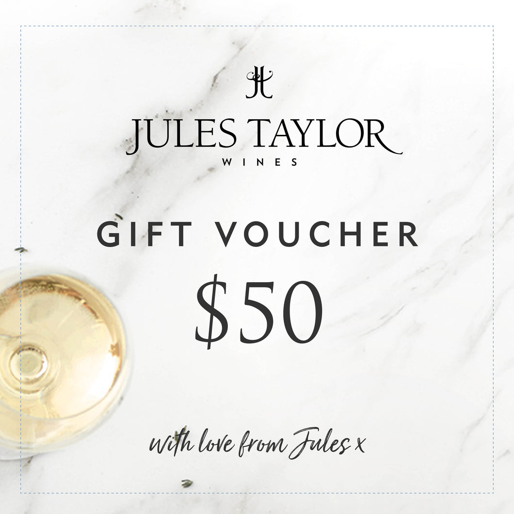 $50 Gift Voucher for Jules Taylor Wines. Glass of wine in the background.